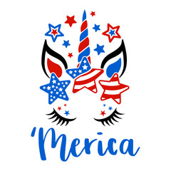 Unicorn face symbol with stars and stripes in USA flag colors. Celebration of 4th of July USA Independence Day vector tee shirt design. 