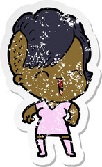 distressed sticker of a cartoon happy hipster girl