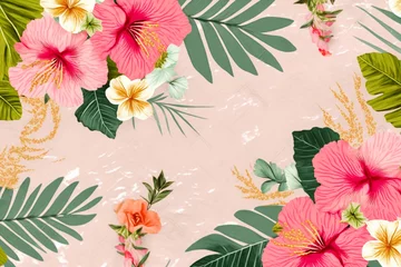 Badezimmer Foto Rückwand pastel background with bunch of colorful  red hibiscus flowers,  spring theme concept, generative ai illustration © aledesun
