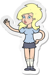 sticker of a cartoon pretty woman waving for attention