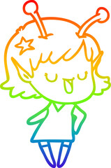 rainbow gradient line drawing happy alien girl cartoon laughing