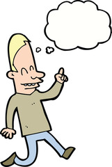 cartoon happy man pointing with thought bubble