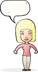 cartoon woman shrugging shoulders with speech bubble