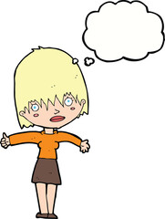cartoon curious woman with thought bubble