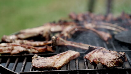 Food on outdoor barbecue grill. Beef and ribs on BBQ with smoke in slow motion