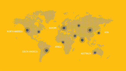 World map with pointers. North, South America, Europe, Asia, Africa, Australia. Illustration for web page, global business, communication, infographics, travel, connection. Yellow, gray, white vector © Elizaveta Mukhina