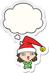 cartoon girl wearing christmas hat and thought bubble as a printed sticker
