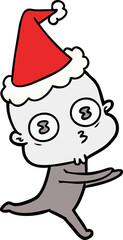 line drawing of a weird bald spaceman running wearing santa hat