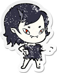 distressed sticker of a cartoon friendly vampire girl pointing
