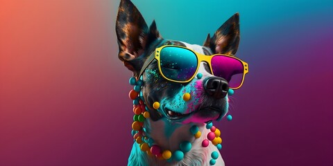 Sunglasses-Wearing Pup Brings the Fun with a Lively and Colorful Background, image generated with artificial intelligence