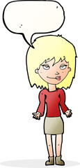 cartoon woman shrugging shoulders with speech bubble