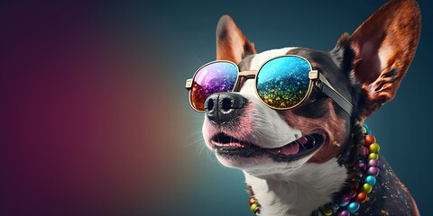 Fototapeta na wymiar Sunglasses-Wearing Pup Brings the Fun with a Lively and Colorful Background, image generated with artificial intelligence