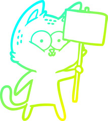 cold gradient line drawing cartoon cat with placard