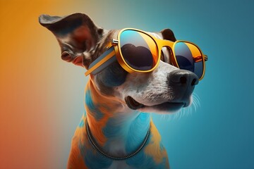 Obraz na płótnie Canvas Sunglasses-Wearing Pup Brings the Fun with a Lively and Colorful Background, image generated with artificial intelligence