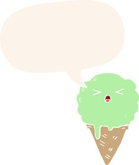 cartoon ice cream and speech bubble in retro style