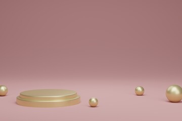 3d rendering of realistic luxury pink and gold podium, product stage minimal style, geometry circular podium mock up for product