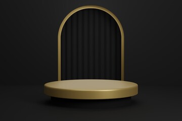 3d rendering of realistic luxury black and gold podium, product stage minimal style, geometry circular podium mock up for product