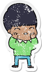 distressed sticker of a happy cartoon boy