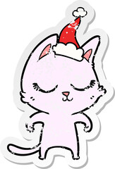 calm distressed sticker cartoon of a cat wearing santa hat