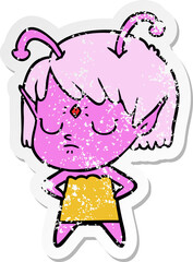 distressed sticker of a cartoon alien girl