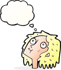 cartoon staring woman with thought bubble