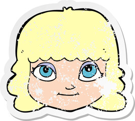 retro distressed sticker of a cartoon happy female face
