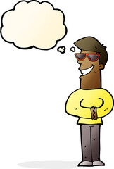 cartoon grinning man wearing sunglasses with thought bubble