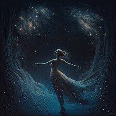 Obraz na płótnie Canvas Figure of a delicate ballerina dancing among the starry sky. Dark background. Generative AI