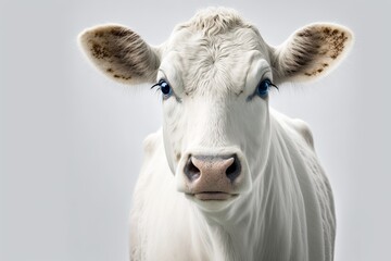 On a white background, there is a white cow looking at us. Generative AI