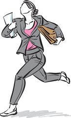 business woman being late concept running with suitcase and papers vector illustration