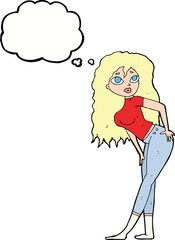 cartoon attractive woman looking surprised with thought bubble