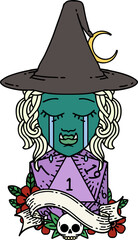 crying half orc witch character face with natural one d20 dice roll illustration