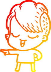 warm gradient line drawing happy cartoon girl pointing