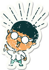 grunge sticker of tattoo style man with genius idea