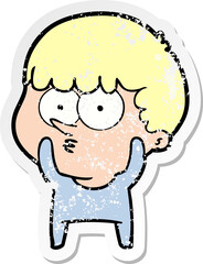 distressed sticker of a cartoon curious boy