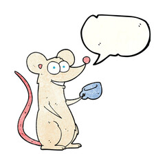 speech bubble textured cartoon mouse with cup of tea