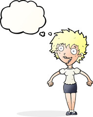 cartoon excited woman with thought bubble