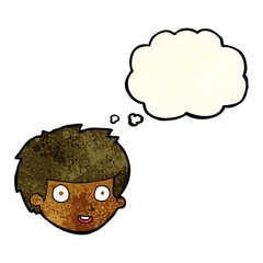 cartoon happy boy's face with thought bubble