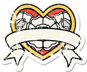 traditional distressed sticker tattoo of a heart and banner with flowers