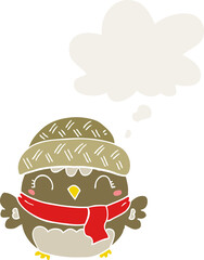 cute cartoon owl in hat and thought bubble in retro style