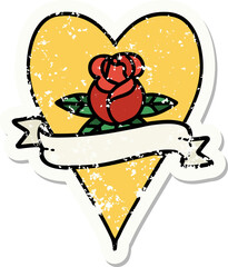 traditional distressed sticker tattoo of a heart rose and banner