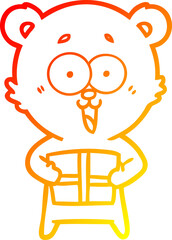 warm gradient line drawing laughing teddy  bear with christmas present