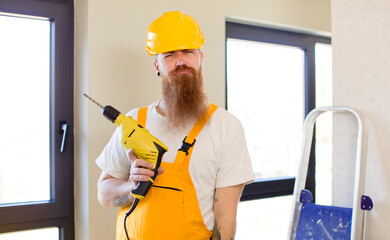 red hair man feeling sad and whiney with an unhappy look and crying repairing home. handyman concept