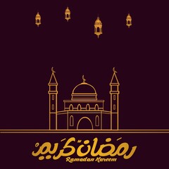 Ramzan kareem template, arbic calligraphy with mosque and hanging candles, illustration, gold colour 