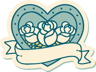 tattoo style sticker of a heart and banner with flowers