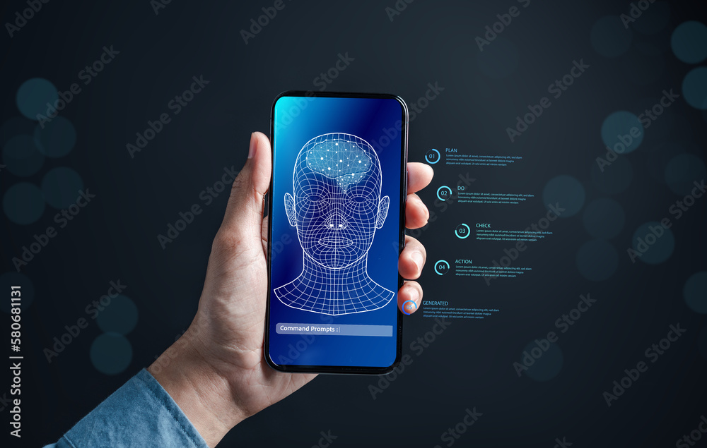 Poster Businessman using chat bot in smartphone intelligence Ai. Chat with AI Artificial Intelligence, developed by OpenAI generate. Futuristic technology, robot in online system.
