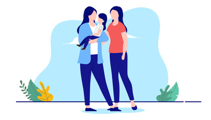 Gay parents - Two lesbian women with child in arms standing together. Parenting and tolerance concept. Flat design vector illustration with white background