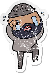 distressed sticker of a cartoon bearded man crying and stamping foot
