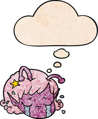 cartoon alien space girl face crying and thought bubble in grunge texture pattern style