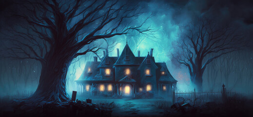 Haunted mansion on a hill, evil spiritual blue aurora emanating from house, dark scary halloween night, spooky window lights, dead tree silhouettes, foggy haze - generative AI.